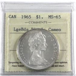 Silver $1 1965 LgeBds Blunt 5 ICCS Certified MS-65 Cameo! A bright flashy coin with great eye appeal