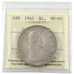 Silver $1 1965 LgeBds Blunt 5 ICCS Certified MS-65. Light rose toning throughout