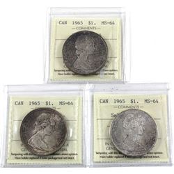 Silver $1 1965 LgeBds Blunt 5 SmBds Blt 5, & SmBds Ptd 5 all ICCS Certified MS-64 lightly toned (3pc