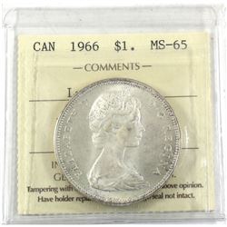 Silver $1 1966 ICCS Certified MS-65. Bright coin with soft satin fields.