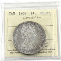 Silver $1 1967 ICCS Certified MS-65. Light toning throughout with exceptional field quality.