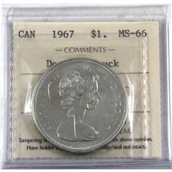 Silver $1 1967 Double Strike ICCS Certified MS-66. A bright Flashy Coin with great eye appeal!