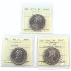 Nickel $1 1973, 1974, & 1975 Attached Jewels ICCS Certified MS-65. 3pcs.