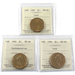 Loon $1 1987, 1992 Confederation & 1996 ICCS Certified MS-66. 3pcs
