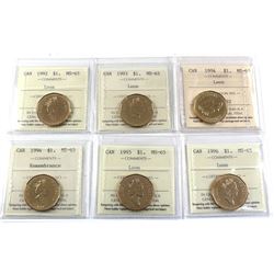 Loon $1 1992, 1993, 1994, 1994 Remembrance, 1995, & 1996 ICCS Certified MS-65. 6pcs