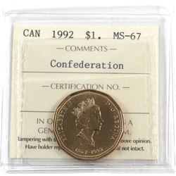 Loon $1 1992 Confederation ICCS Certified MS-67! TOP GRADE!