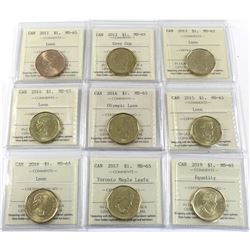 Loon $1 2011, 2012 Grey Cup, 2013, 2014, 2014 Olympic, 2015, 2016, 2017 Toronto Maple Leaf & 2019