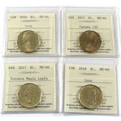 Loon $1 2016, 2017 Canada 150, 2017 Toronto Maple Leaf & 2018 ICCS Certified MS-66. 4pcs