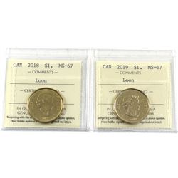 Loon $1 2018 & 2019 ICCS Certified MS-67. 2pcs