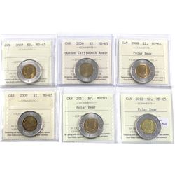 $2 2007, 2008 Quebec City, 2008 Polar Bear, 2009, 2011 Polar Bear, & 2012 Polar Bear ICCS Certified
