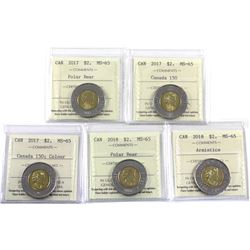 $2 2017 Polar Bear, 2017 Canada 150, 2017 Colour Canada 150, 2018 Polar Bear, & 2018 Armistice ICCS
