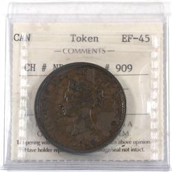 Token 1843 New Brunswick One Penny Token CH# NB-2A, BR# 909 ICCS Certified EF-45.