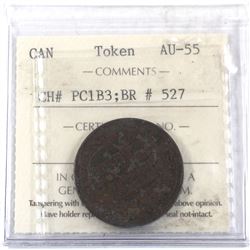 Token 1844 Bank of Montreal Half Penny, Br# 527, CH# PC-1B3 Heavy Trees Short Nose ICCS Certified AU