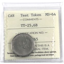 Test Token TT-25.6B, 25-cent 1965 ICCS Certified MS-64! A scarce token, originally produced by the R
