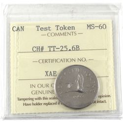 Test Token 1965 25-cent CH# TT-25.6B ICCS Certified MS-60. Struck in Nickel with reeded edge, RARE T