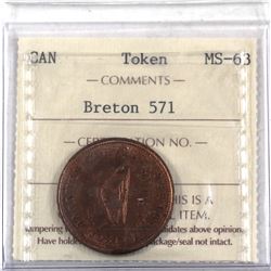 Token Gagnon & Cie, St. Roch Quebec, BR# 571 ICCS Certified MS-63. Nice Red coin with lots of Mint L