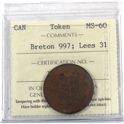 Token P.E.I Ship Colonies & Commerce, BR# 997. Lees 31 ICCS Certified MS-60