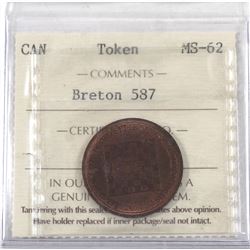 Token Chess Club BR# 587 ICCS Certified MS-62. Lustrous light brown with hints of original red throu