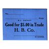 Image 1 : Hudson's Bay Company Generic Note for $5.00 in Trade. No Date. Blue Cardboard with Black Printing. 6
