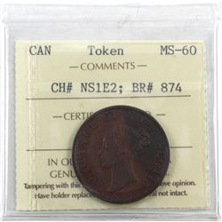 Token: NS1E2 Nova Scotia 1840 Half Penny, Medium "O" Breton 874 ICCS Certified MS-60.
