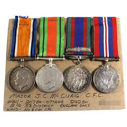 Named WWI 1914-1918 Medal, Voluntary WWII Medal, 1939-1945 War Medal & 1939-1945 Defence Medal. Majo