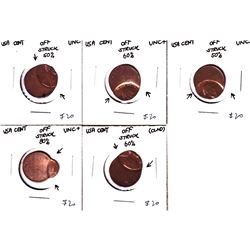 Error Lot of 5x United States 1-cent Struck off Center. All coins struck from 50-80% off center and