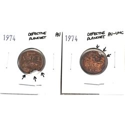 Error Pair of 1974 Canada 1-cent struck on defective planchets. Both coins are in AU condition with