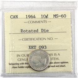 10-cent 1964 with 180 Degree Die Rotation ICCS Certified MS-60.