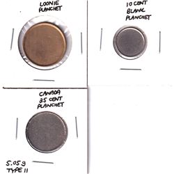 Error lot of 3x Canadian Blank Planchets. Lot includes: 10-cent Magnetic, 25-cent 5.05g Type II Magn