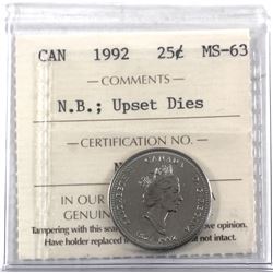 25-cent 1992 New Brunswick 180 Degree Upset Dies ICCS Certified MS-63.