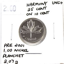 Error 25-cent 2000 Harmony Canada struck on 10ct planchet (weighs 2.07 grams) UNC+. Spectacular Erro