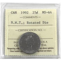 25-cent 1992 N.W.T, Rotated Dies (270 degrees) ICCS Certified MS-64.