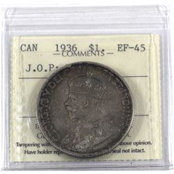 Silver $1 1936 J.O.P, Type 2 ICCS Certified EF-45.