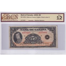 BC-5-E9-ii 1935 Error Bank of Canada English $5 "Misplaced Signatures", Osborne-Towers S/N: A1078485