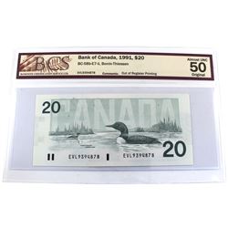 BC-58b-E7-ii 1991 Bank of Canada Error $20, Bonin-Thiessen S/N: ELV9394878, BCS Certified AU-50 Orig