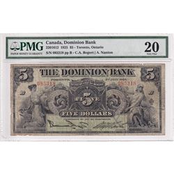 220-16-12 1925 Dominion Bank of Canada $5 -Toronto Ontario. Bogert-Nanton, S/N: 085318-B, PMG Certif