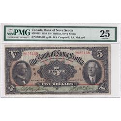 550-03-202 1924 Bank of Nova Scotia $5, Campbell-McLeod, S/N: 2825469-B PMG Certified VF-25.