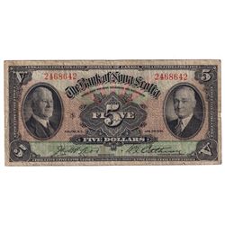 550-36-02 1935 Bank of Nova Scotia 4-Digit RADAR $5, McLeod-Patterson S/N: 2468642. Note is a nice F