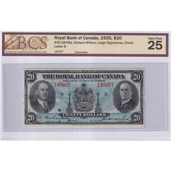 630-18-06a 1935 Royal Bank of Canada $20, Dobson-Wilson 'Large signatures' S/N: 145027-B BCS Certifi