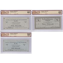 DE-100-1b & DE-100-1a & DE-100-2 1932 Rural Municipality of Marquis $5 EF-40 (holes), $1 AU-55, & $2