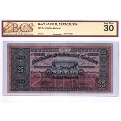 NF-7c 1912-13 Newfoundland 25-cent Banknote, Cashin-Watson S/N: 00136, BCS Certified VF-30. A great