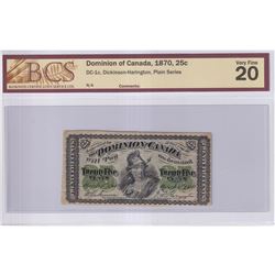 DC-1c 1870 Dominion Of Canada 25-cent Plain Series, Dickinson-Harington, BCS Certified VF-20