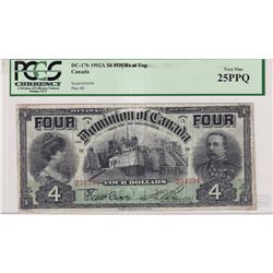 DC-17b 1902 Dominion Of Canada $4, "FOUR at Top", Various-Bouville S/N: 234394-A, PCGS Certified VF-