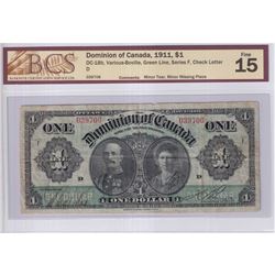 DC-18b 1911 Dominion of Canada $1, Various-Boville, Green Line, Series F, Check Letter D, S/N: 03970