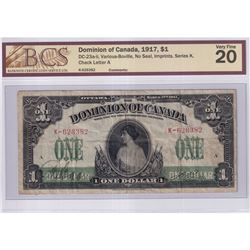 DC-23a-ii 1917 Dominion Of Canada $1, No seal, Imprints, Series K. Various-Bouville, S/N:626382-A, B