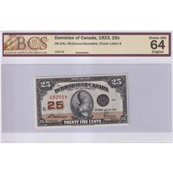 DC-24c 1923 Dominion Of Canada 25c, McCavour-Saunders S/N: 492018, BCS Certified Choice UNC-64 Origi