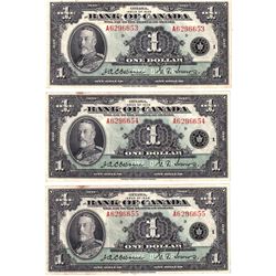 BC-1 Lot of 3 Sequential 1935 Bank of Canada English $1, Osborne-Towers S/N: A6296653/54/55-D. All n