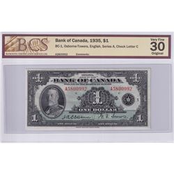 BC-1 1935 Bank of Canada English $1, Osborne-Towers, S/N: A5800992-C BCS Certified VF-30 Original.