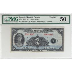 BC-3 1935 Bank of Canada English $2, Osborne-Towers, S/N: A3814047-B PMG Certified AU-50.