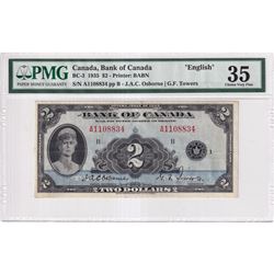 BC-3 1935 Bank of Canada English $2, Osborne-Towers S/N: A1108834, PMG Certified Choice VF-35! A gre